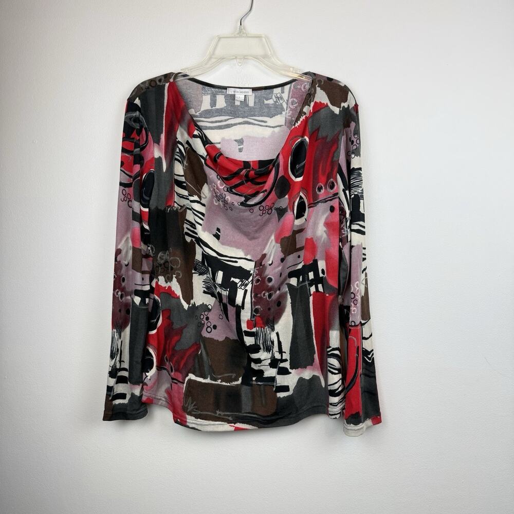 Erin London Wearable Art Large Printed Long Sleeve Blouse Black Gray Red Sz L